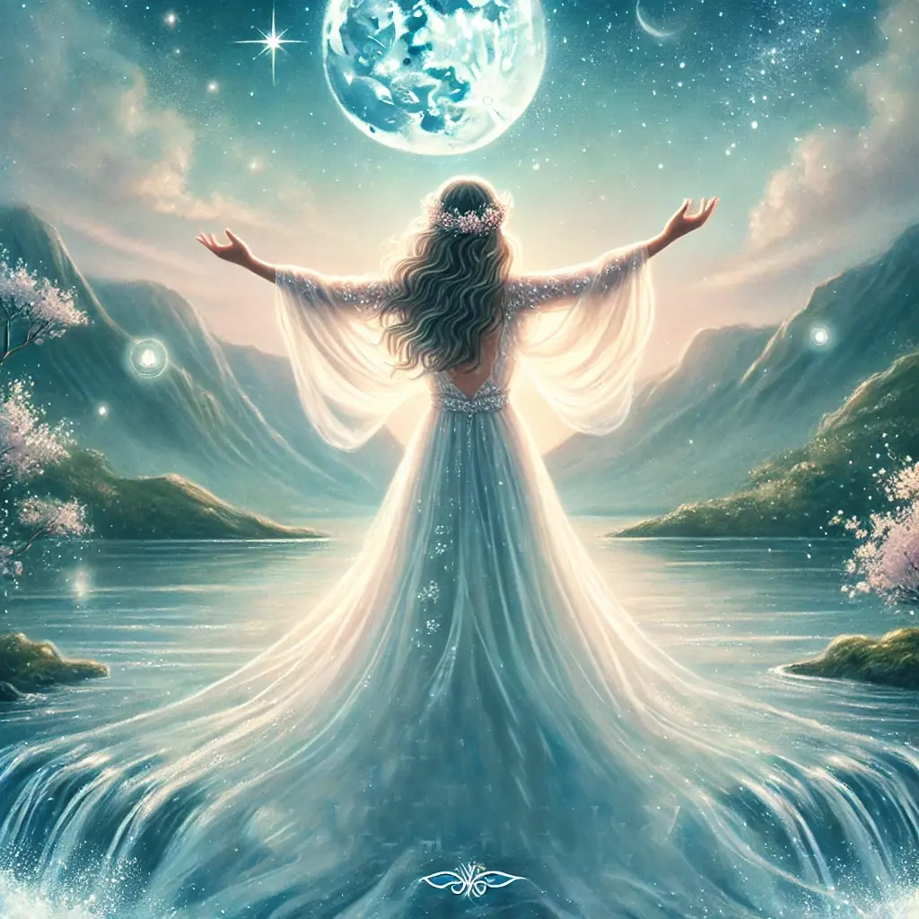 A mystical oracle card design featuring a serene woman standing at the edge of a peaceful river arms open to the sky in surrender her dress flows wi